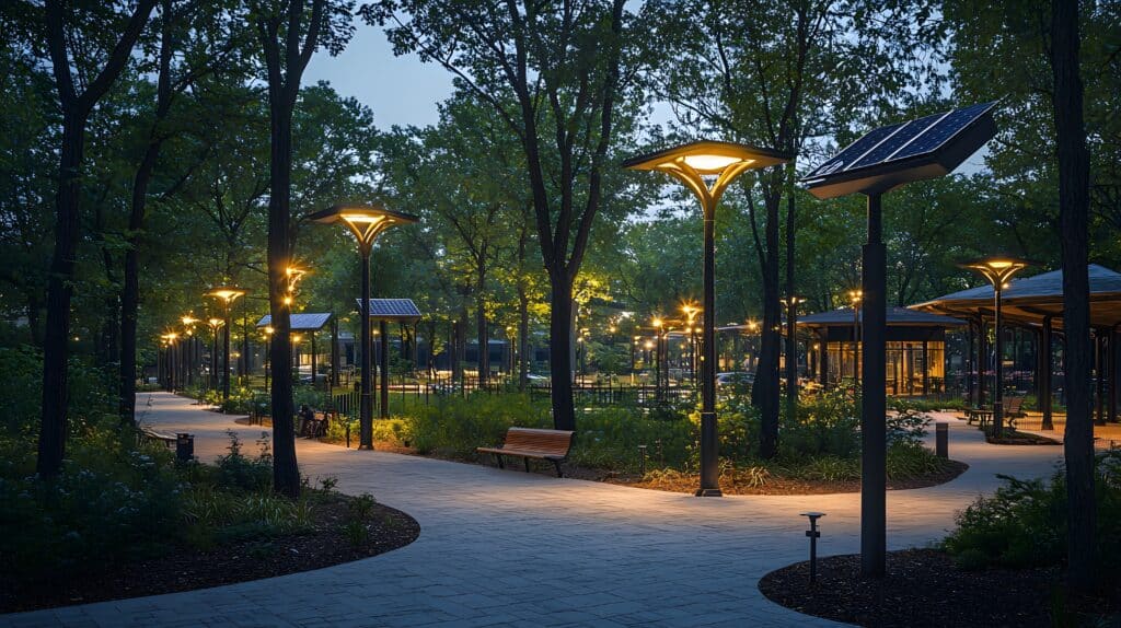Eco Friendly Urban Park with Street Lights at Dusk