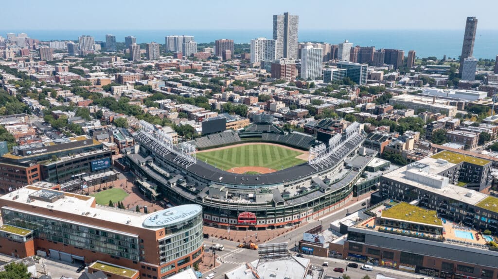 Chicago, IL, USA August 14, 2024: An aerial view of Major League Baseball's Chicago Cubs' Wrigley Field stadium in the Wrigleyville neighborhood of Chicago.